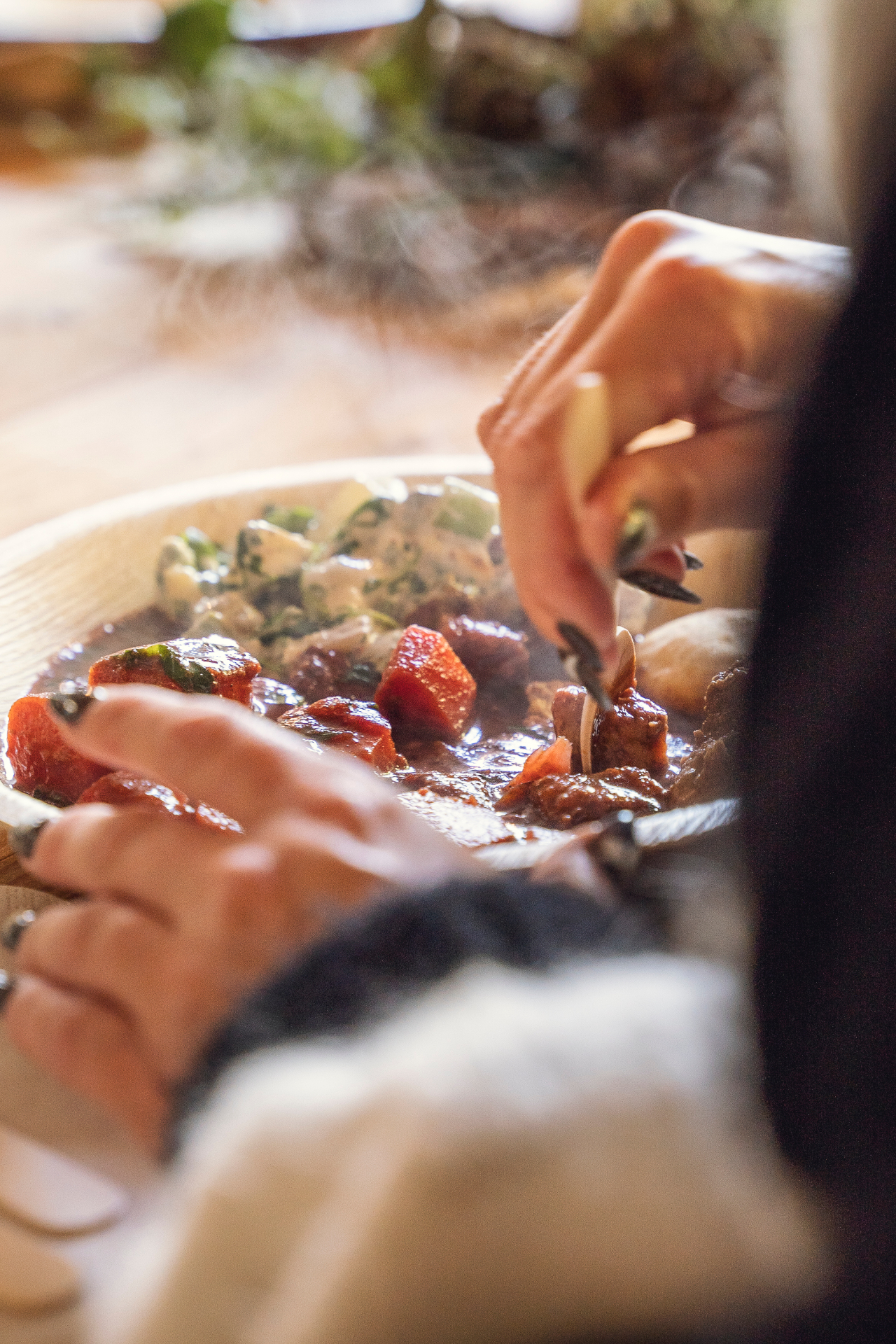 Hands sharing a bowl of tomato and herb stew