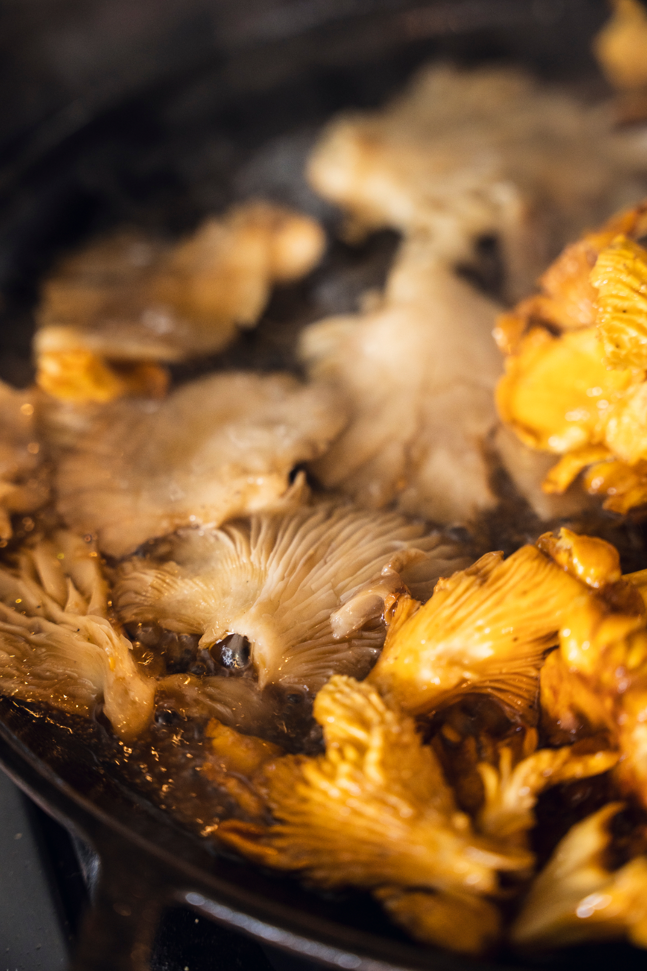 Wild mushrooms sizzling in a pan over open flame