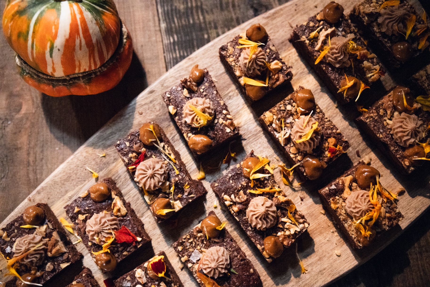 Chocolate brownie squares with caramel, marigold petals and a striped pumpkin