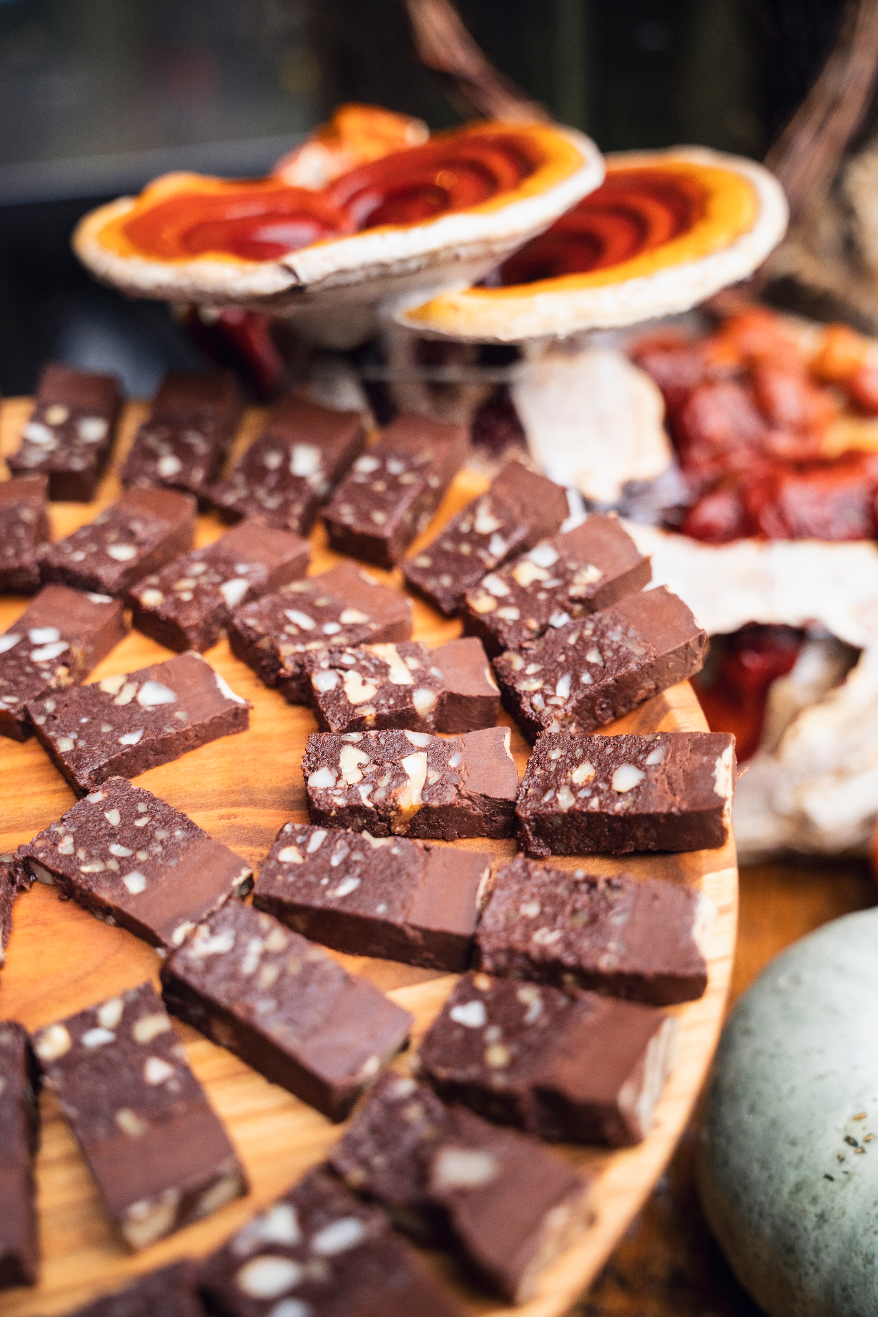 Raw chocolate slices on a wooden round with reishi mushrooms behind