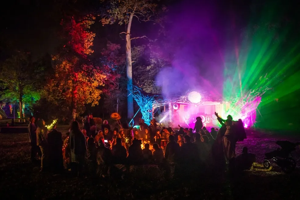 Crowd dancing under lasers in the forest