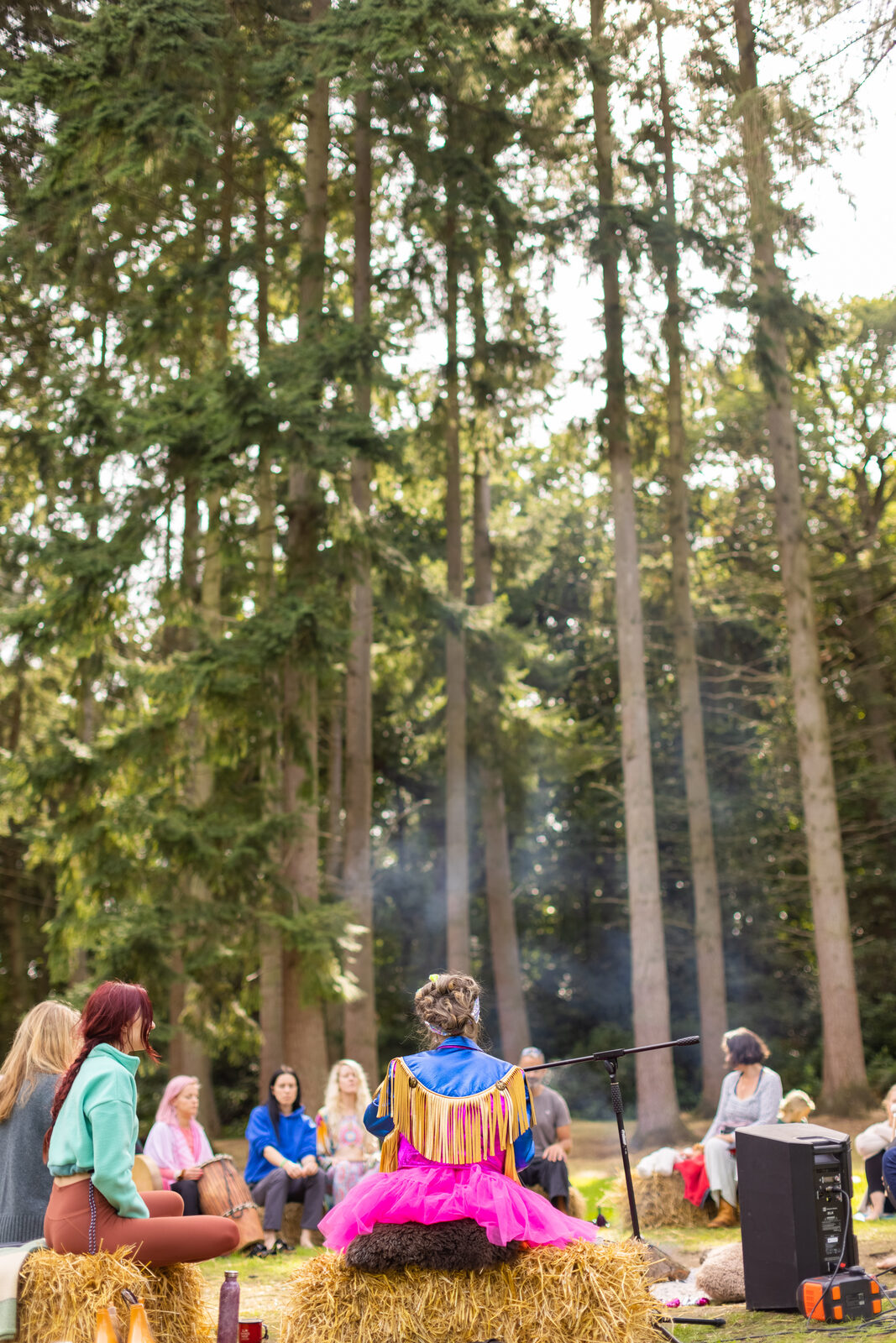 Performer in pink and gold among tall trees