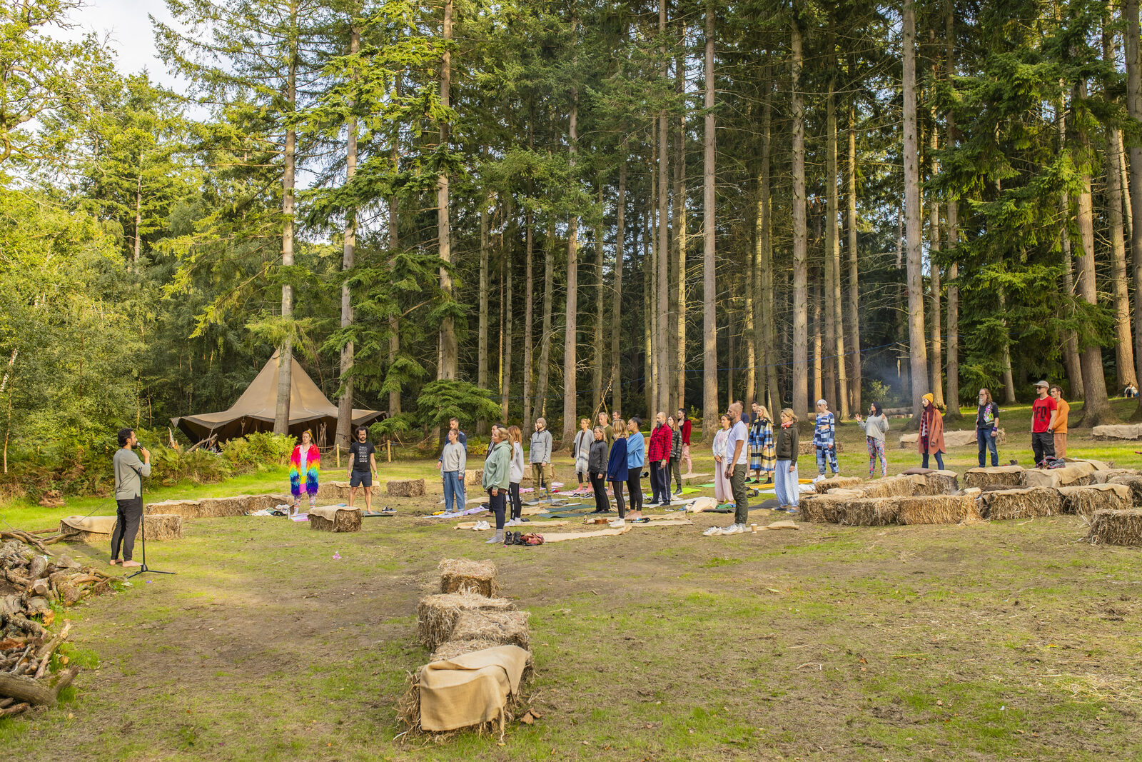 Stone-circle ceremony with people gathered amongst the trees